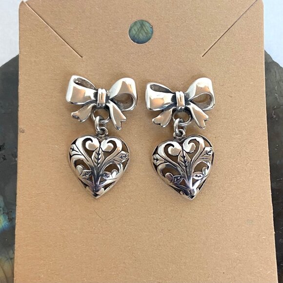 VTG Sterling Silver 925 1" Pierced Scrollwork Heart Dangle Bow Stud Earrings - Picture 12 of 16